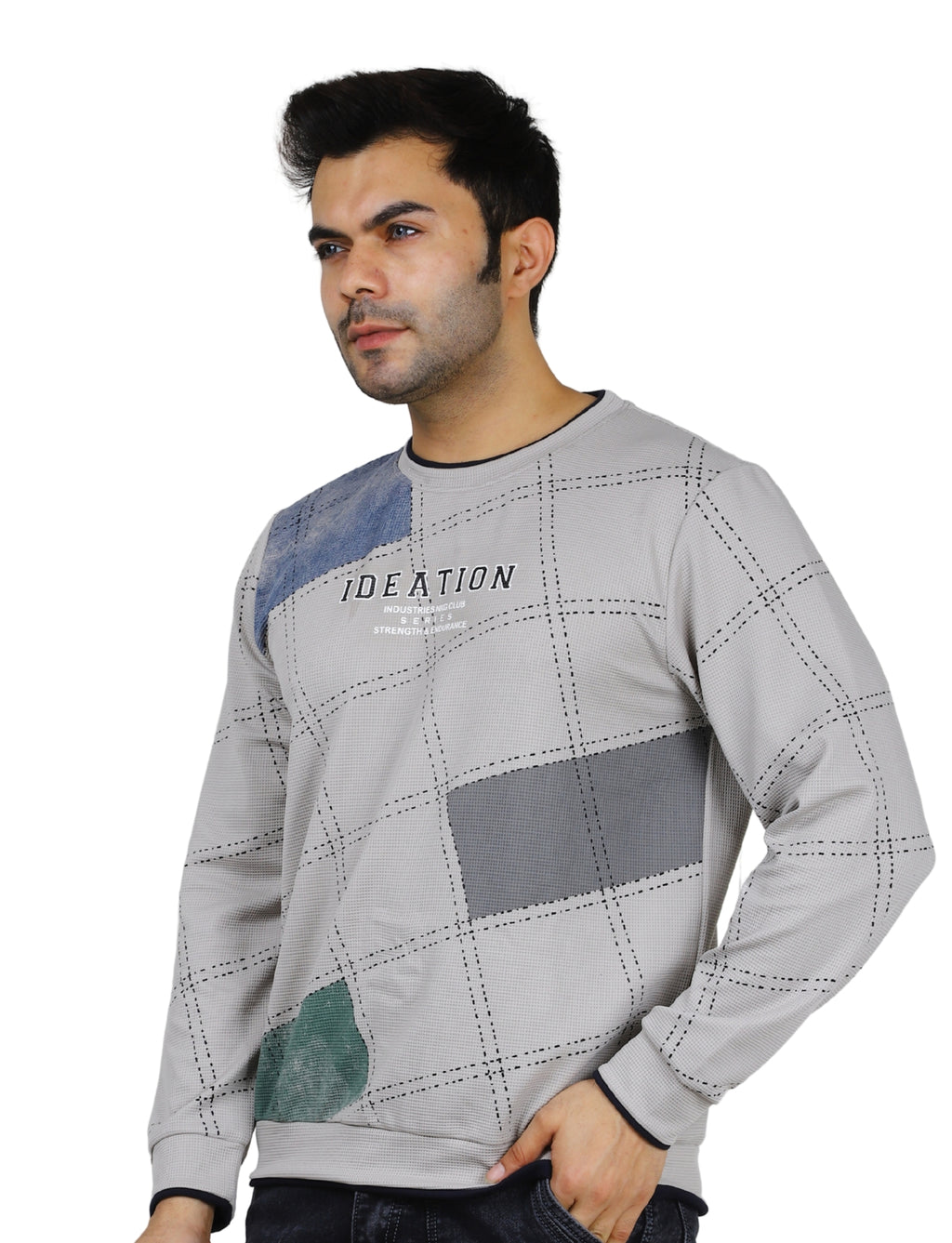 Men's Sandstone Grid Sweatshirt Full Sleeve Pullover Crew Neck Grey