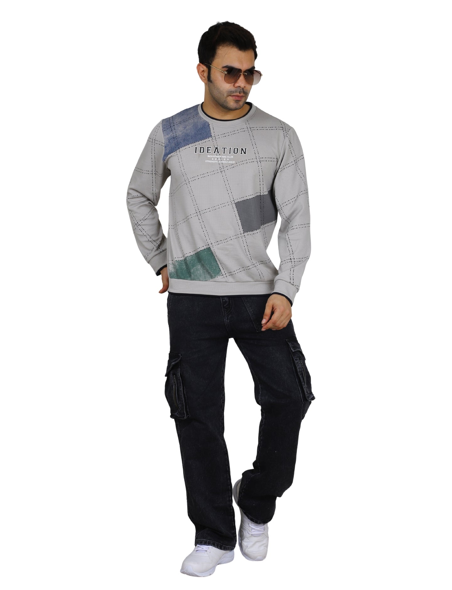 Men's Sandstone Grid Sweatshirt Full Sleeve Pullover Crew Neck Grey
