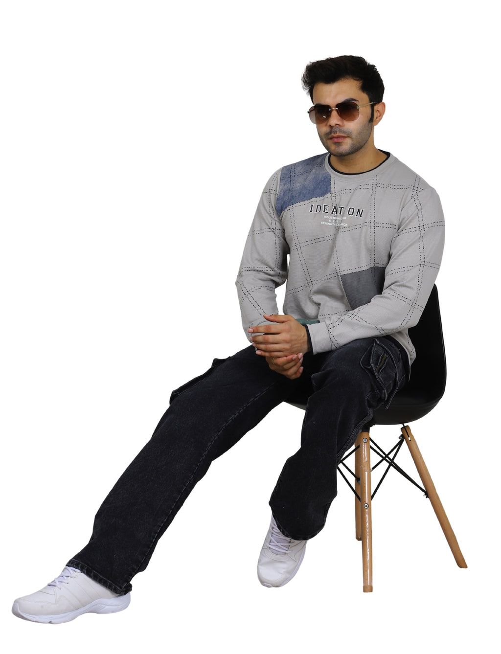 Men's Sandstone Grid Sweatshirt Full Sleeve Pullover Crew Neck Grey