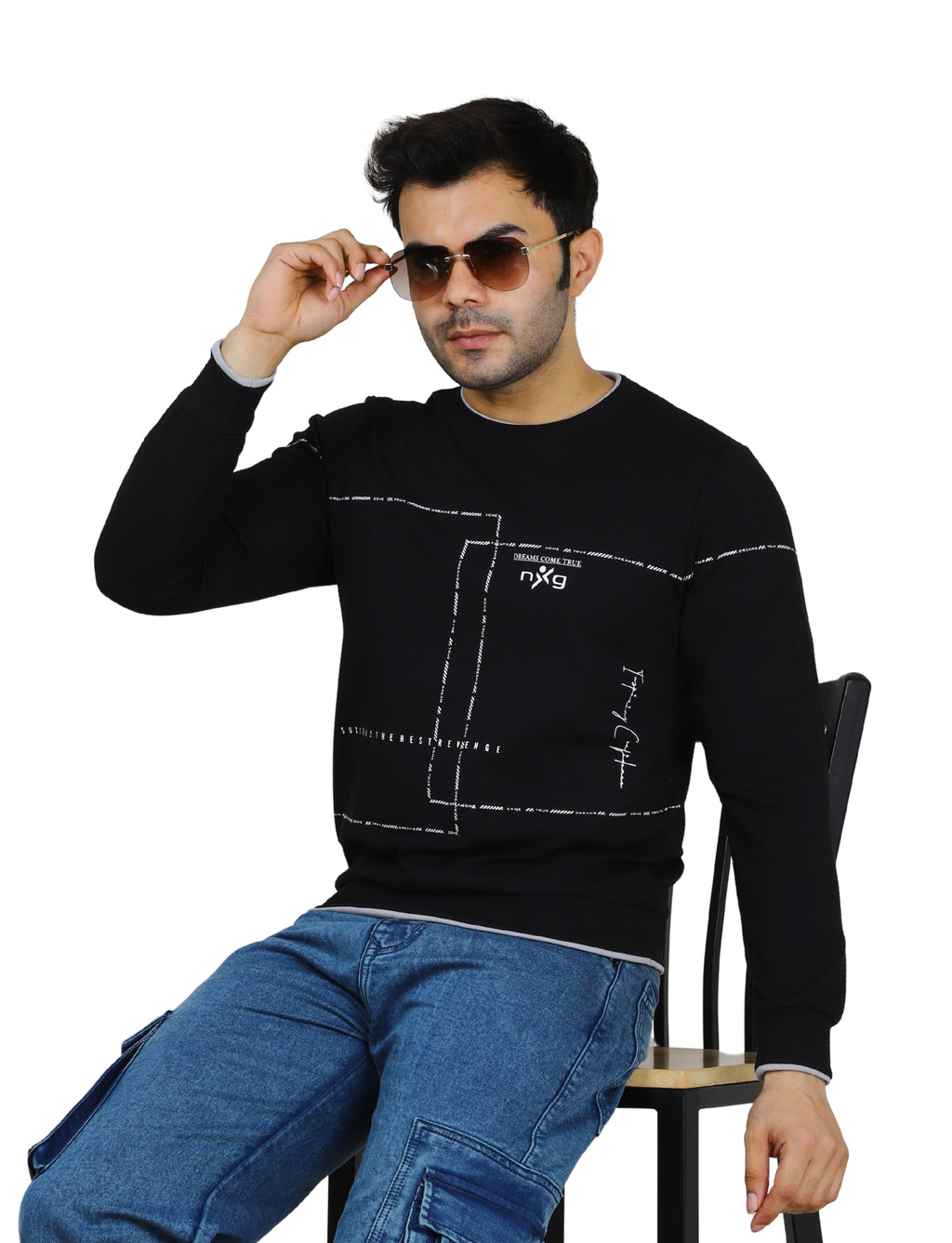 Men’s Gridlock Sweatshirt Full Sleeve Crew Neck Pullover for Casual Winter Wear Black