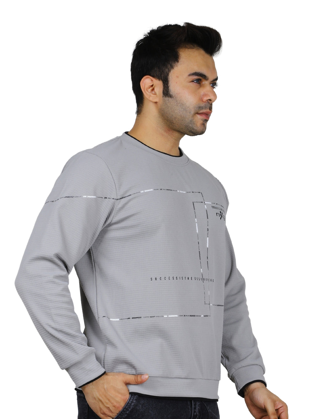 Men’s Gridlock Sweatshirt Full Sleeve Crew Neck Pullover for Casual Winter Wear Grey