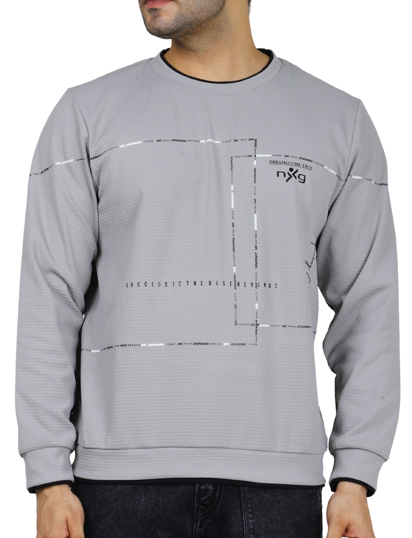 Men’s Gridlock Sweatshirt Full Sleeve Crew Neck Pullover for Casual Winter Wear Grey