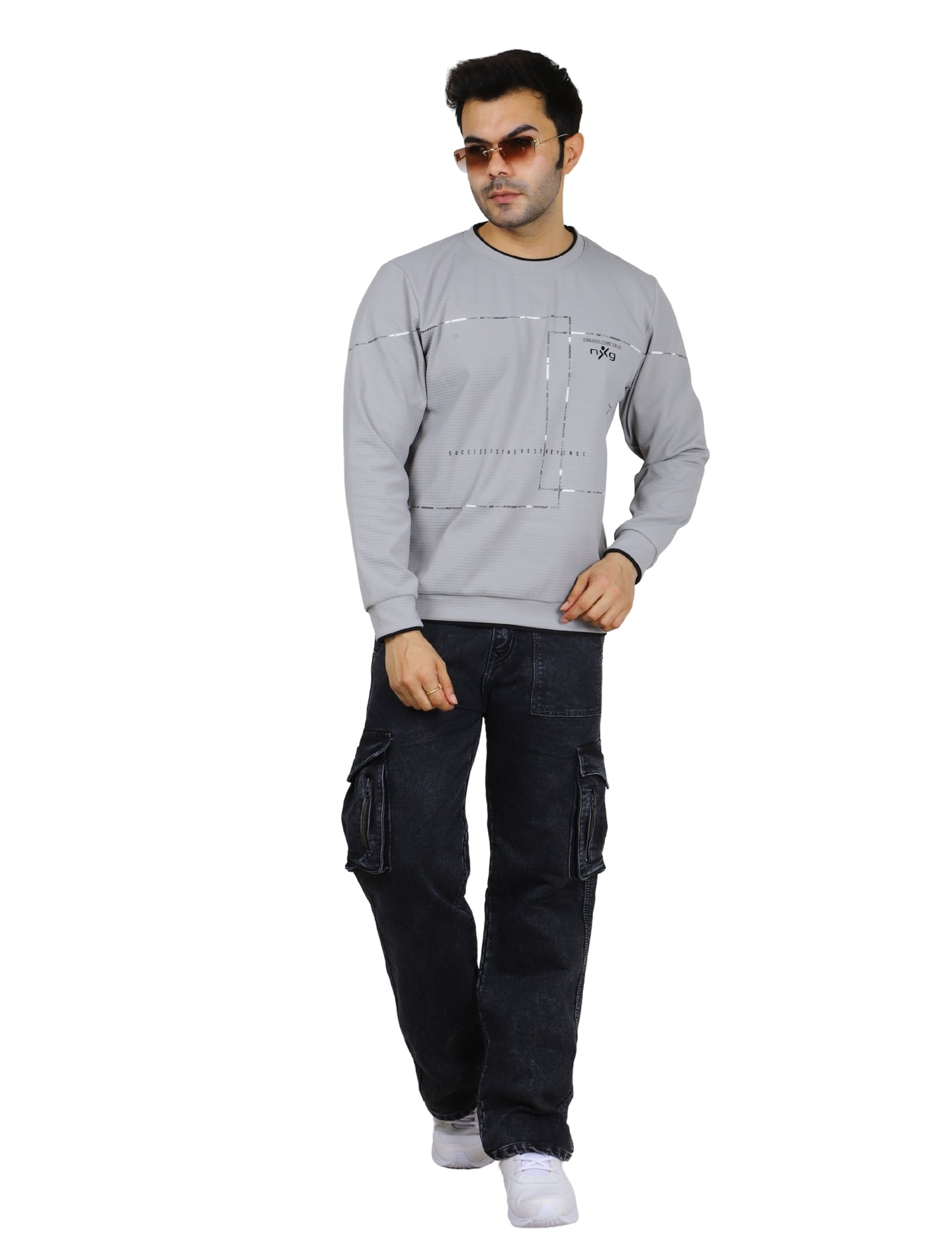 Men’s Gridlock Sweatshirt Full Sleeve Crew Neck Pullover for Casual Winter Wear Grey