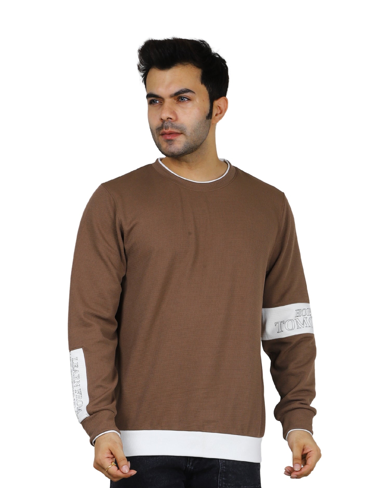 Men's Brown Crew-Neck Pullover Sweatshirt with White Accents