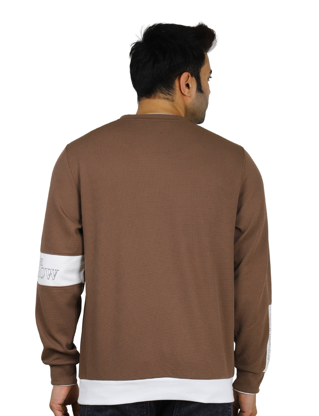 Men's Brown Crew-Neck Pullover Sweatshirt with White Accents