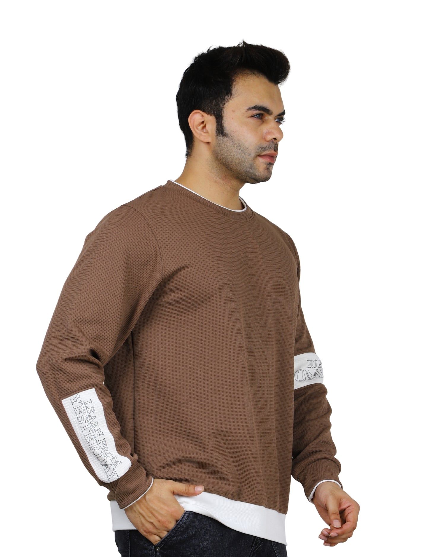 Men's Brown Crew-Neck Pullover Sweatshirt with White Accents