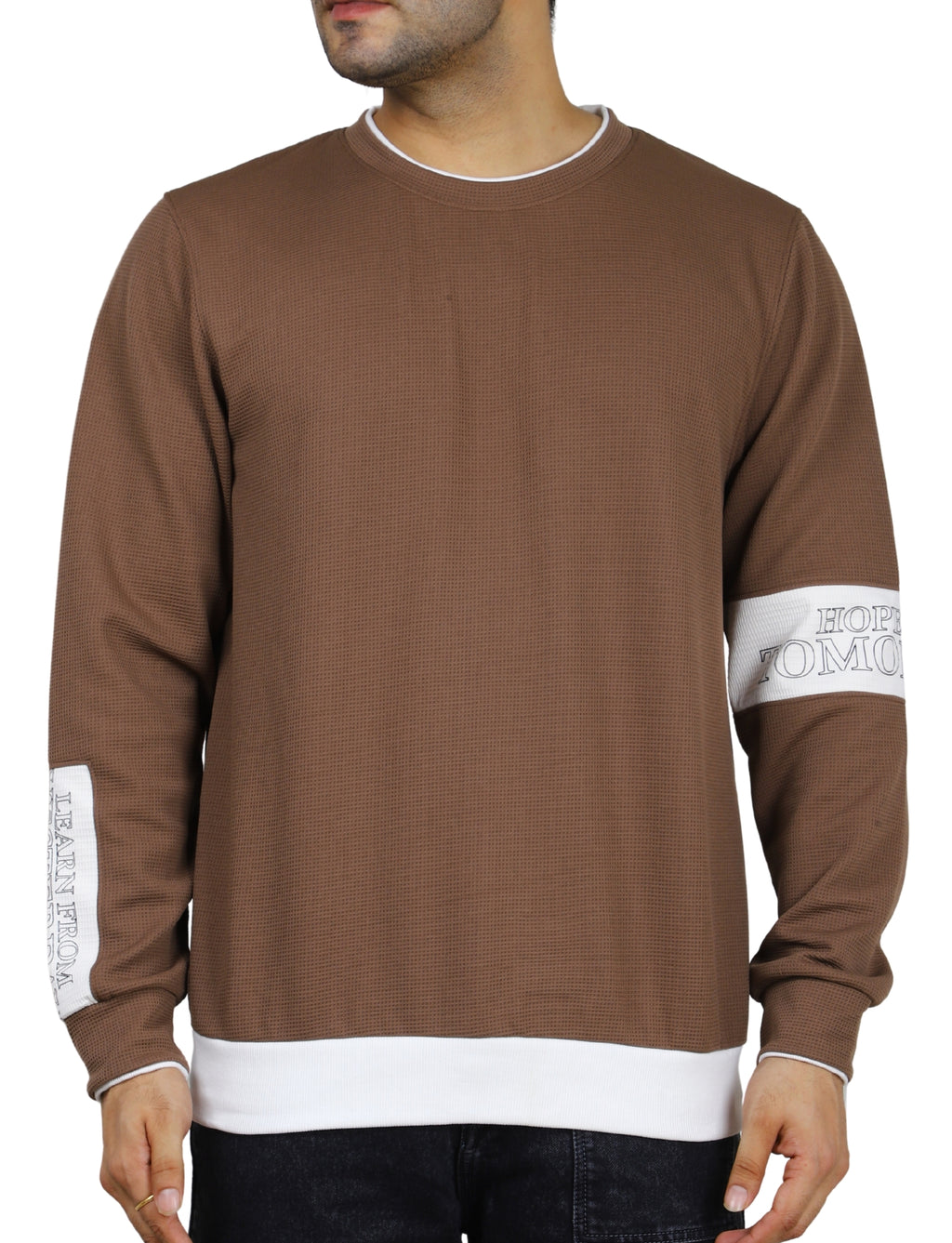Men's Brown Crew-Neck Pullover Sweatshirt with White Accents