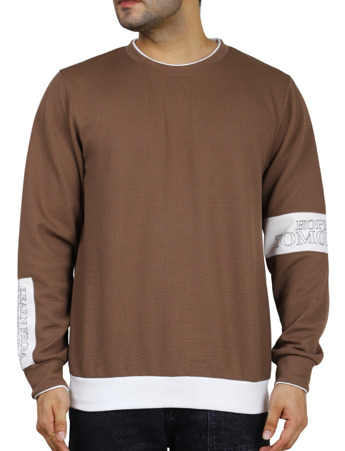 Men's Brown Crew-Neck Pullover Sweatshirt with White Accents