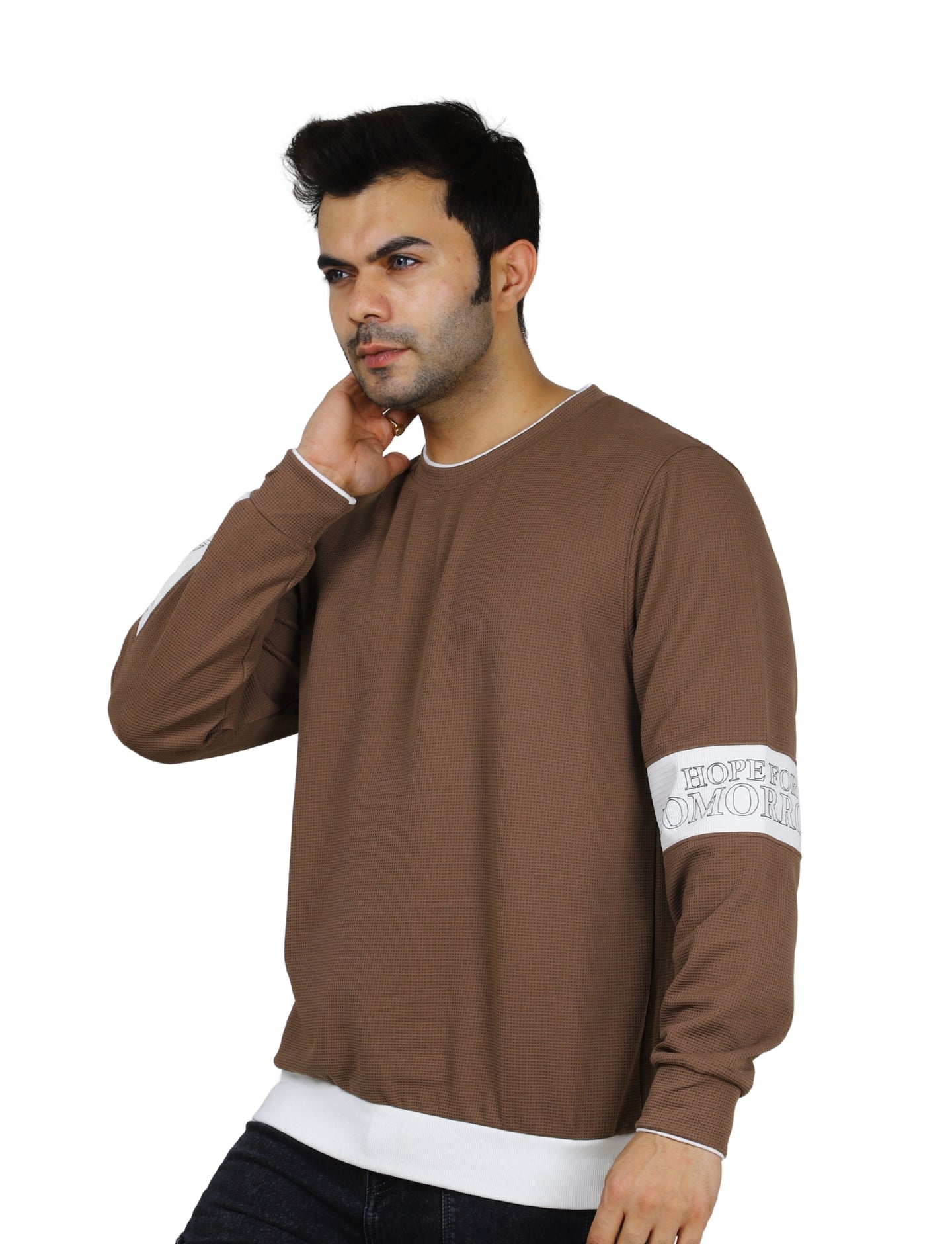 Men's Brown Crew-Neck Pullover Sweatshirt with White Accents