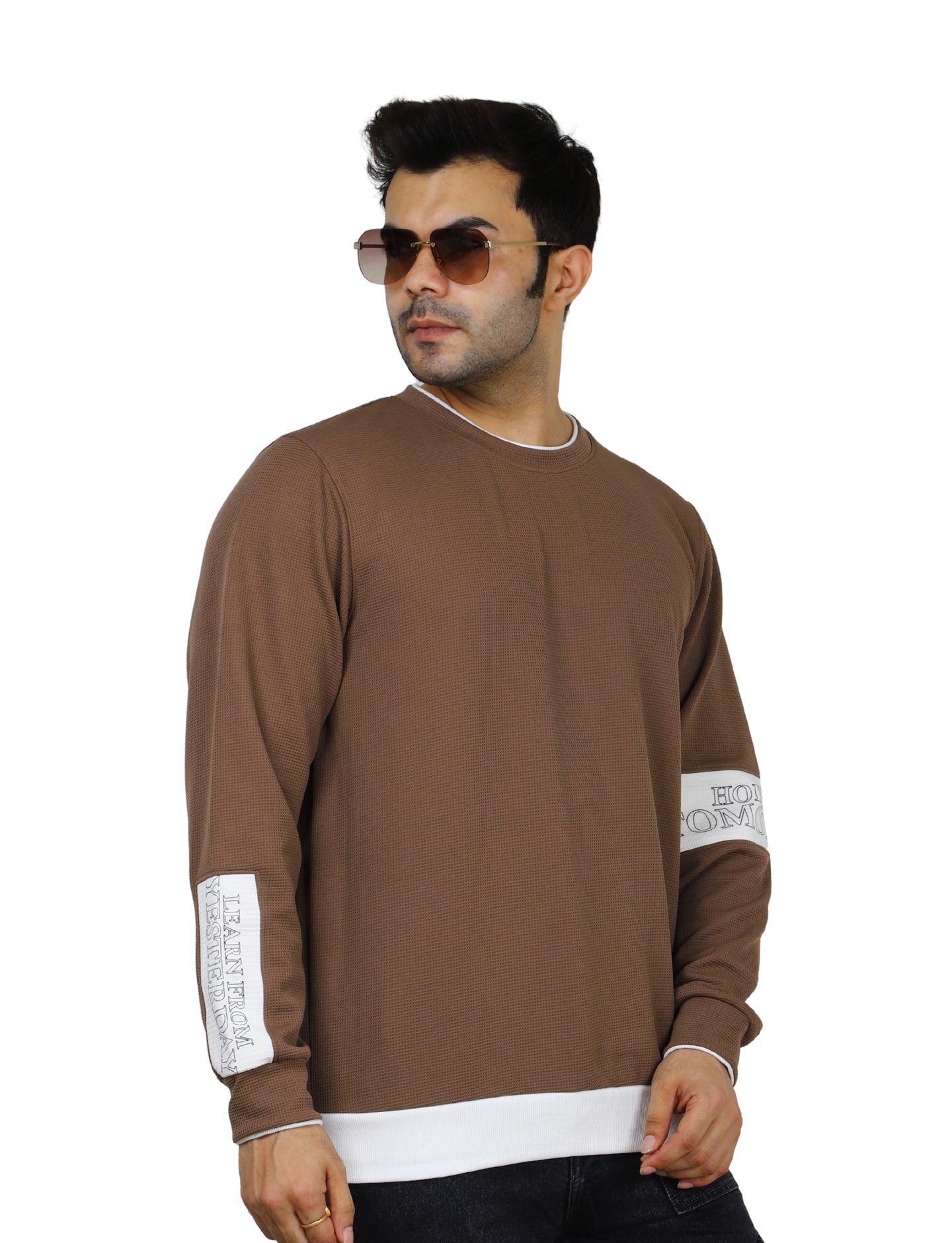 Men's Brown Crew-Neck Pullover Sweatshirt with White Accents
