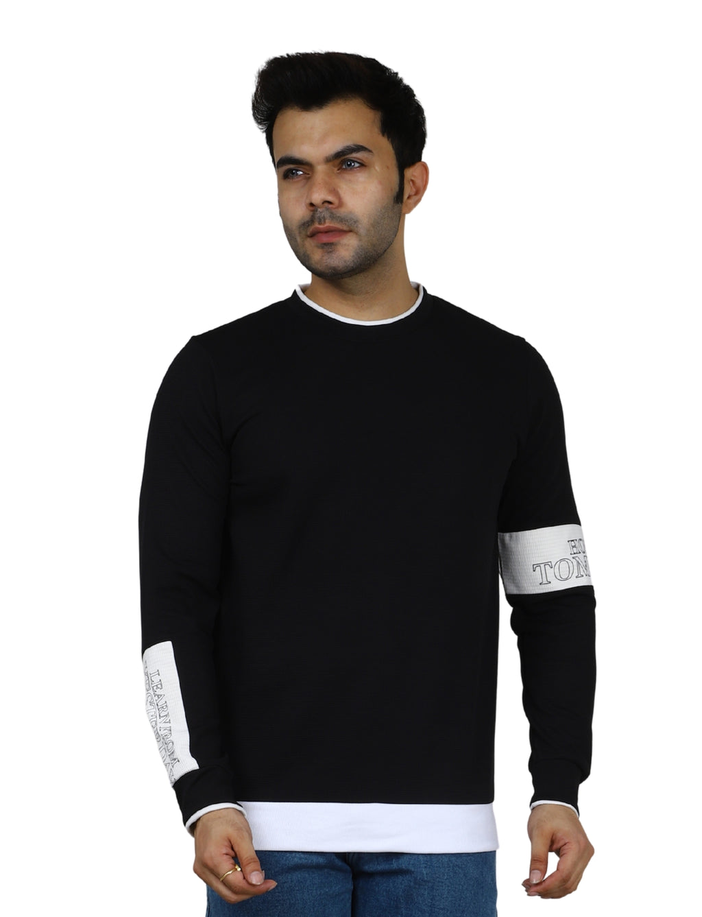 Men's Black Crew-Neck Pullover Sweatshirt with White Accents