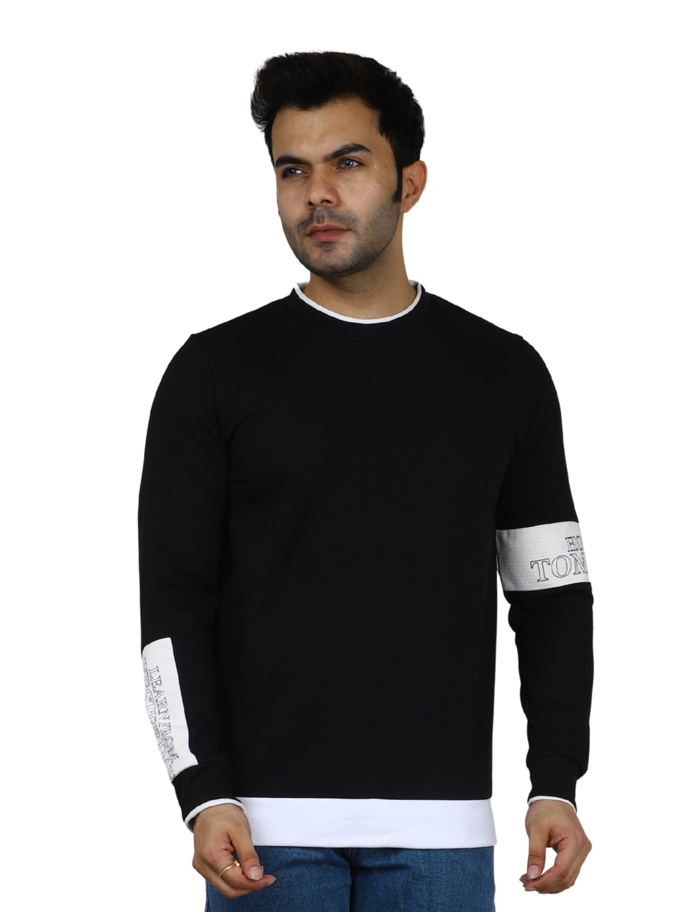 Men's Black Crew-Neck Pullover Sweatshirt with White Accents