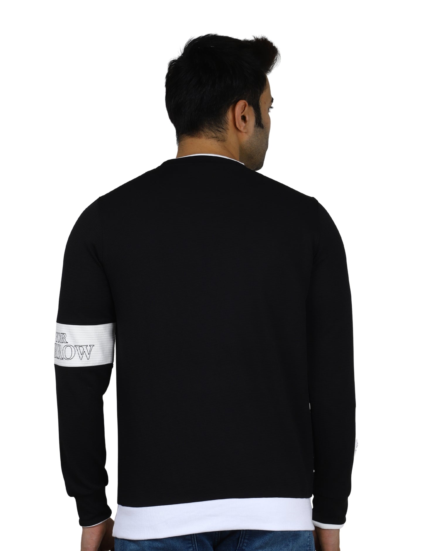 Men's Black Crew-Neck Pullover Sweatshirt with White Accents