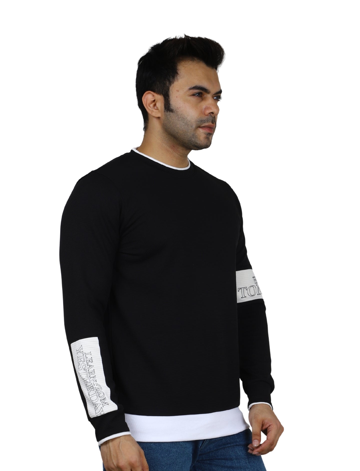 Men's Black Crew-Neck Pullover Sweatshirt with White Accents