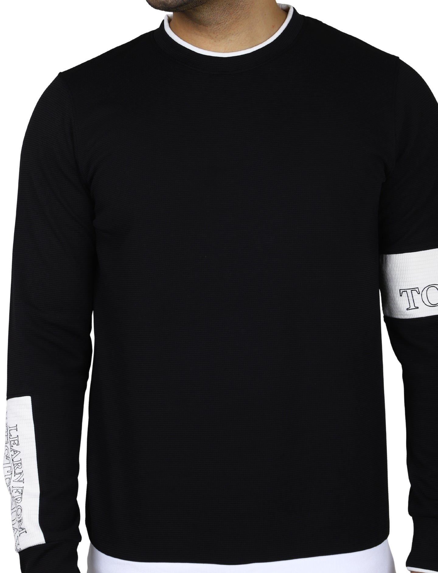 Men's Black Crew-Neck Pullover Sweatshirt with White Accents