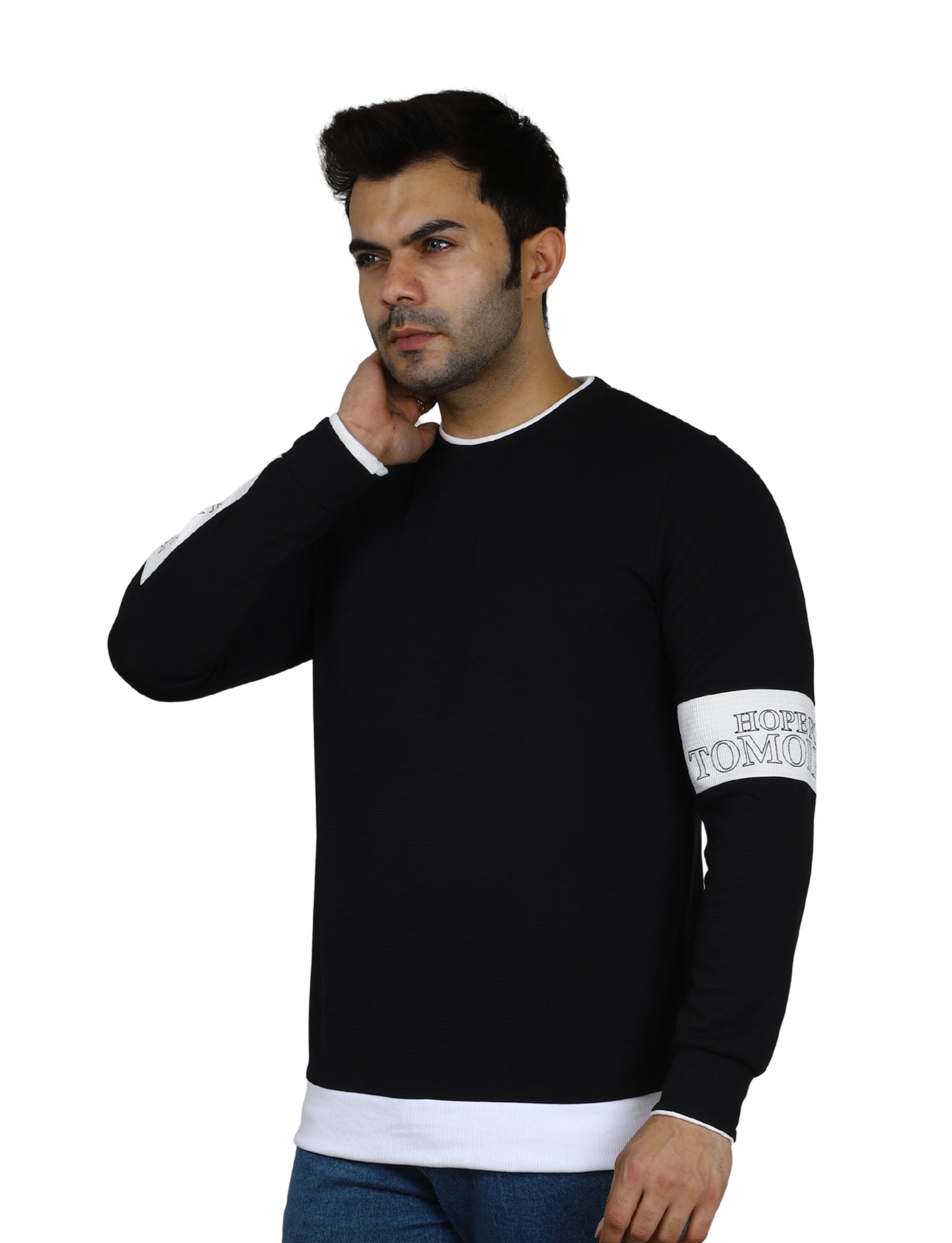 Men's Black Crew-Neck Pullover Sweatshirt with White Accents