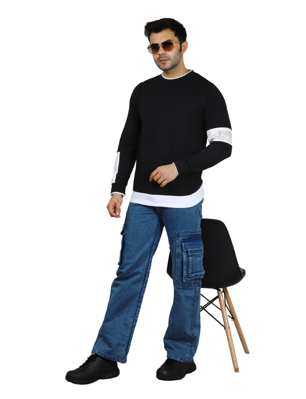 Men's Black Crew-Neck Pullover Sweatshirt with White Accents