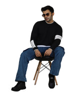 Men's Black Crew-Neck Pullover Sweatshirt with White Accents