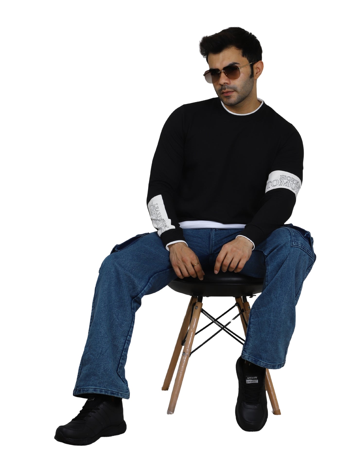 Men's Black Crew-Neck Pullover Sweatshirt with White Accents