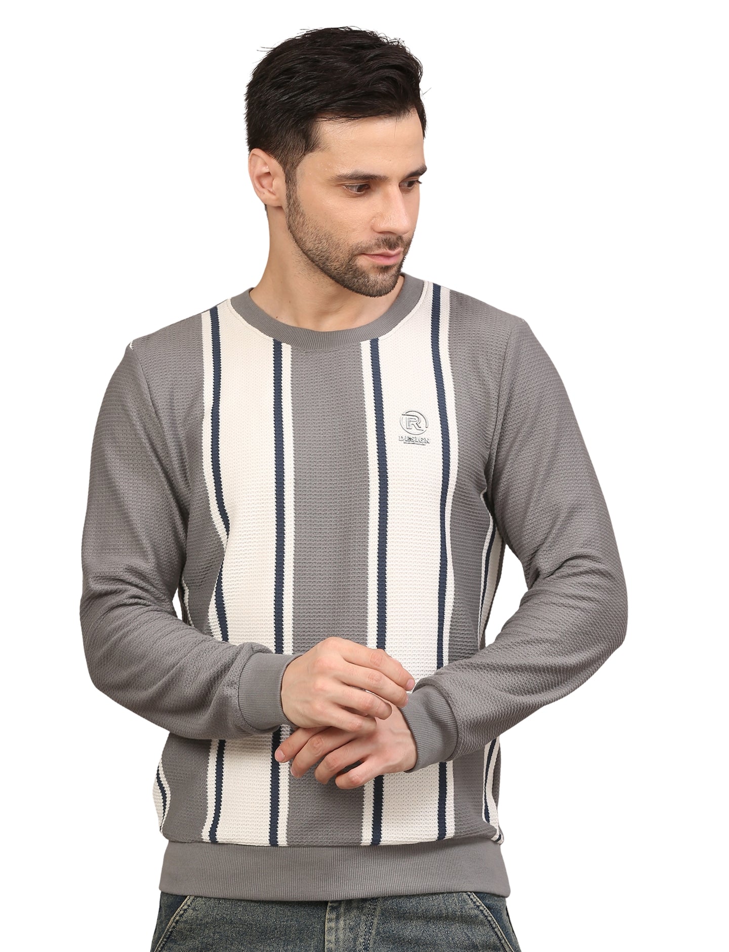 Men's Striped Crew-Neck Pullover Sweatshirt Gray and White
