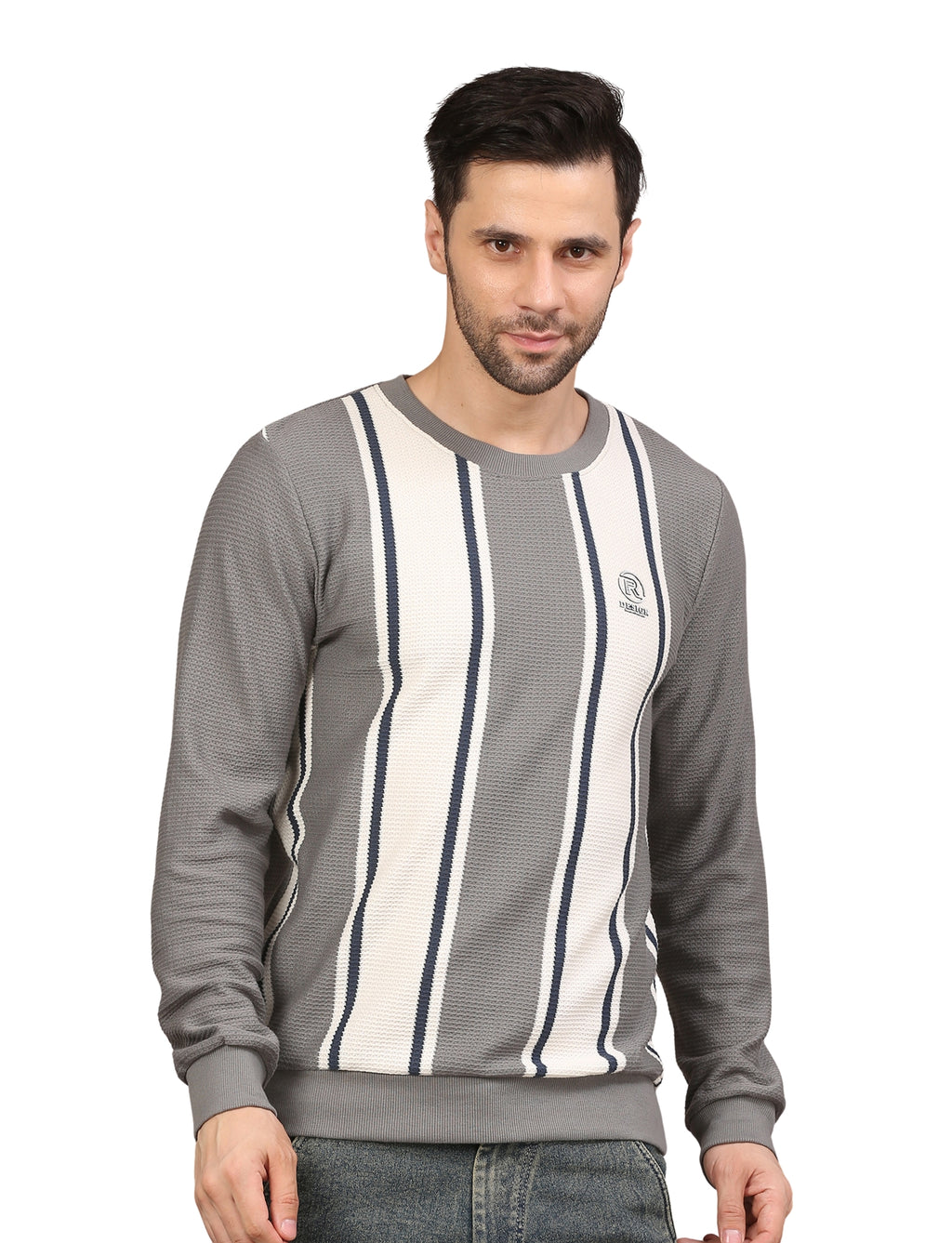 Men's Striped Crew-Neck Pullover Sweatshirt Gray and White