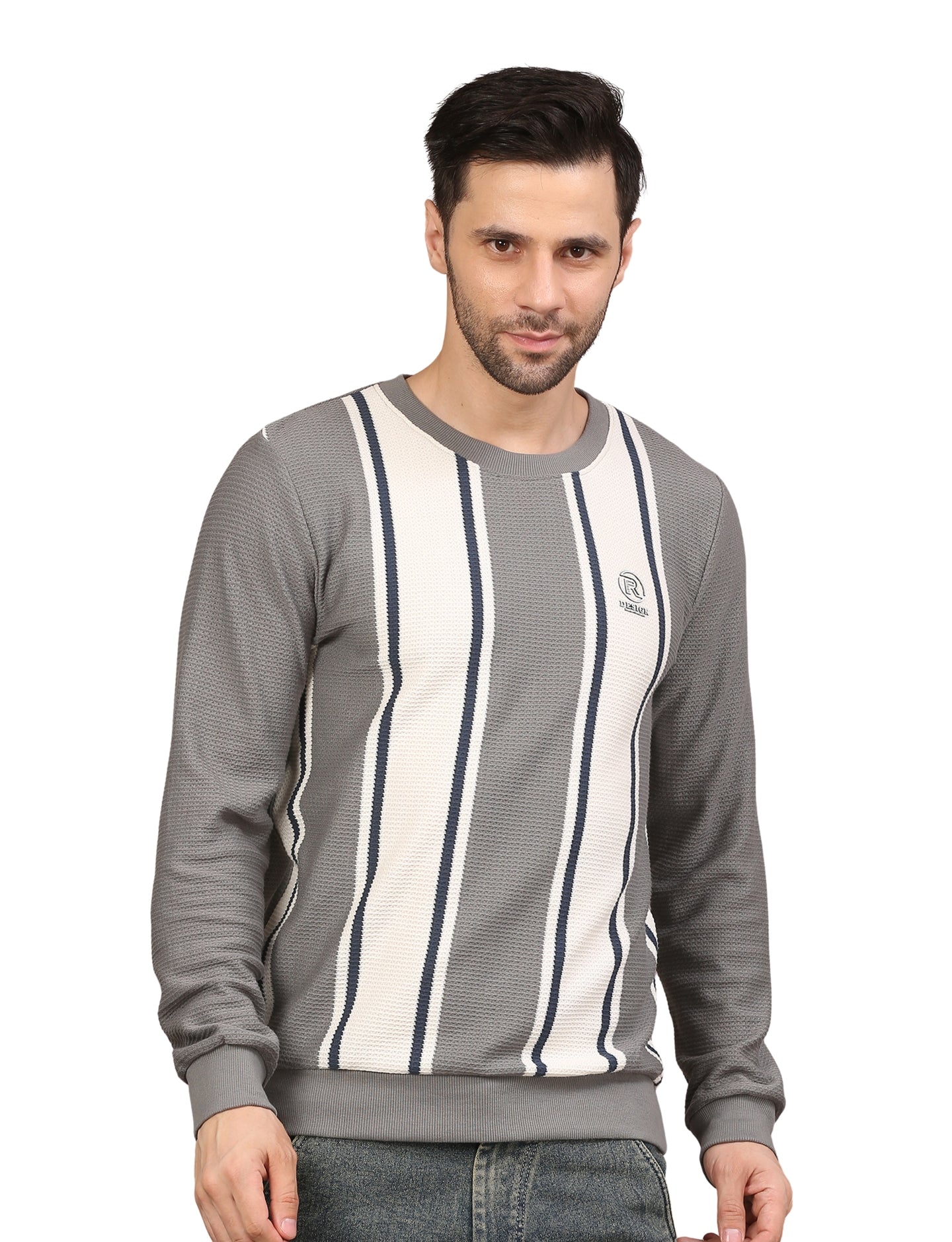 Men's Striped Crew-Neck Pullover Sweatshirt Gray and White