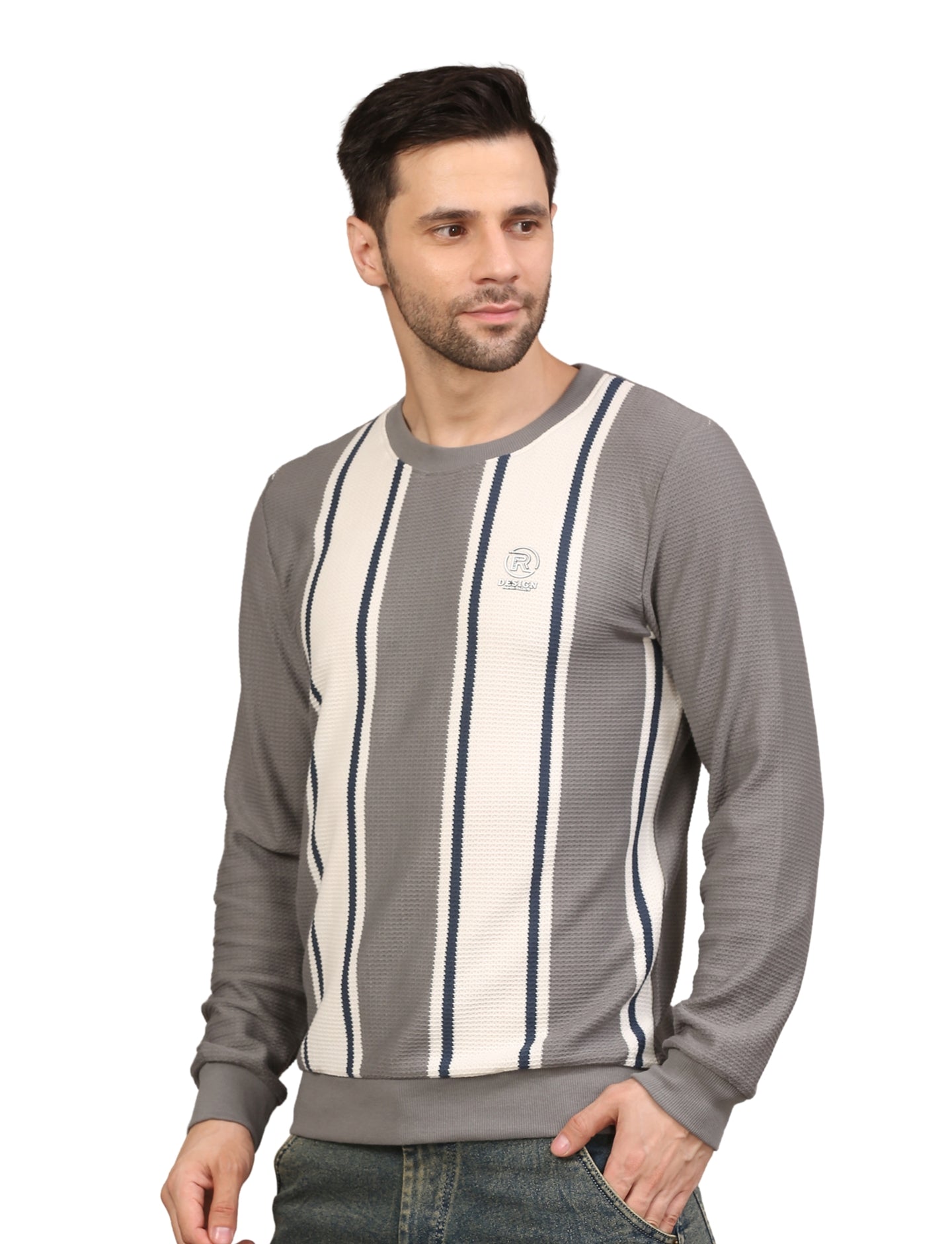 Men's Striped Crew-Neck Pullover Sweatshirt Gray and White