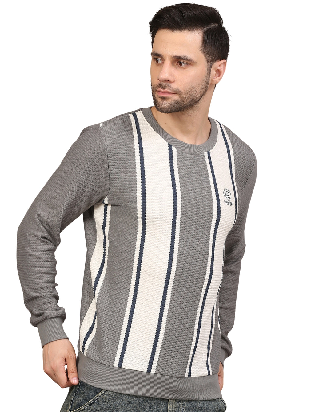 Men's Striped Crew-Neck Pullover Sweatshirt Gray and White