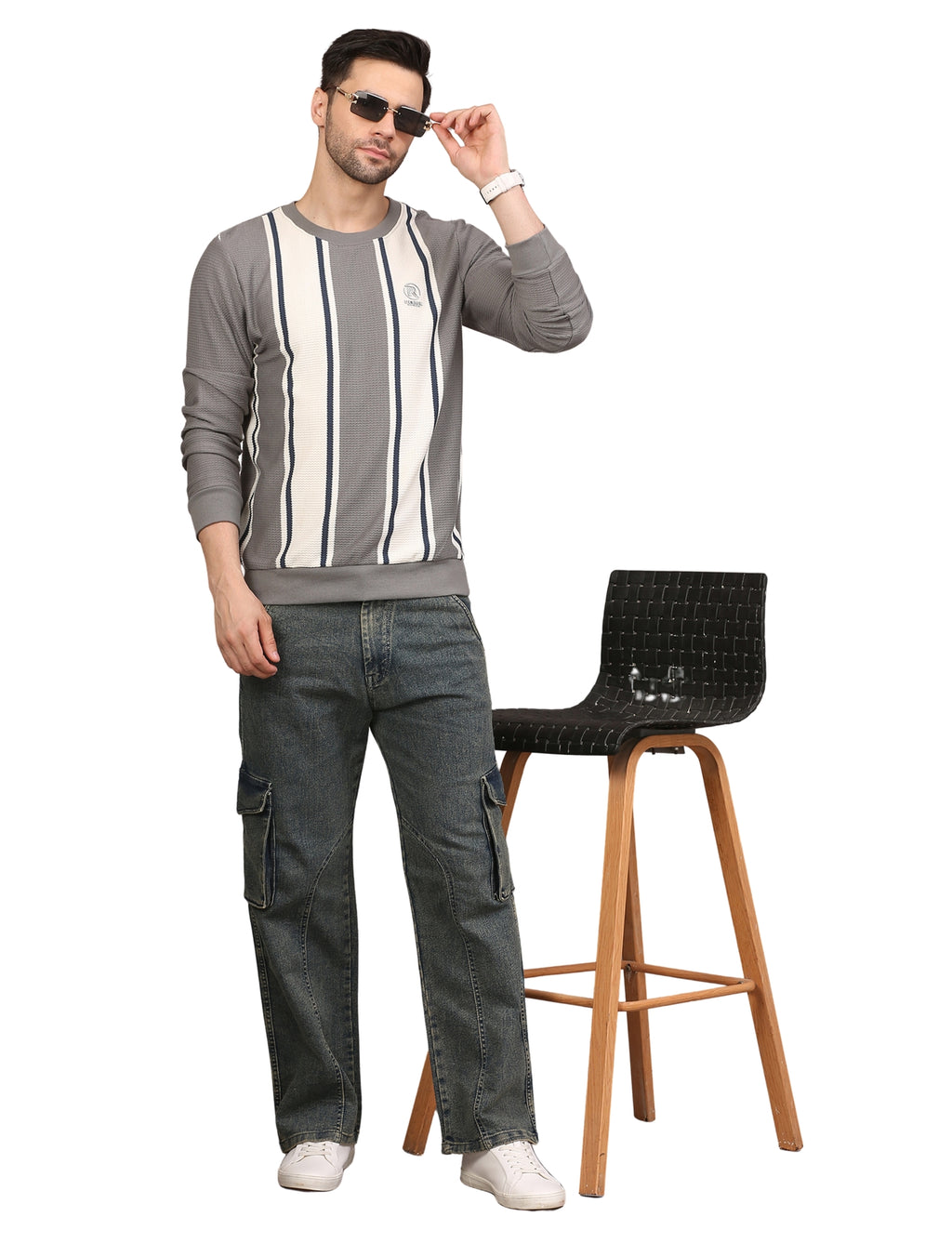 Men's Striped Crew-Neck Pullover Sweatshirt Gray and White
