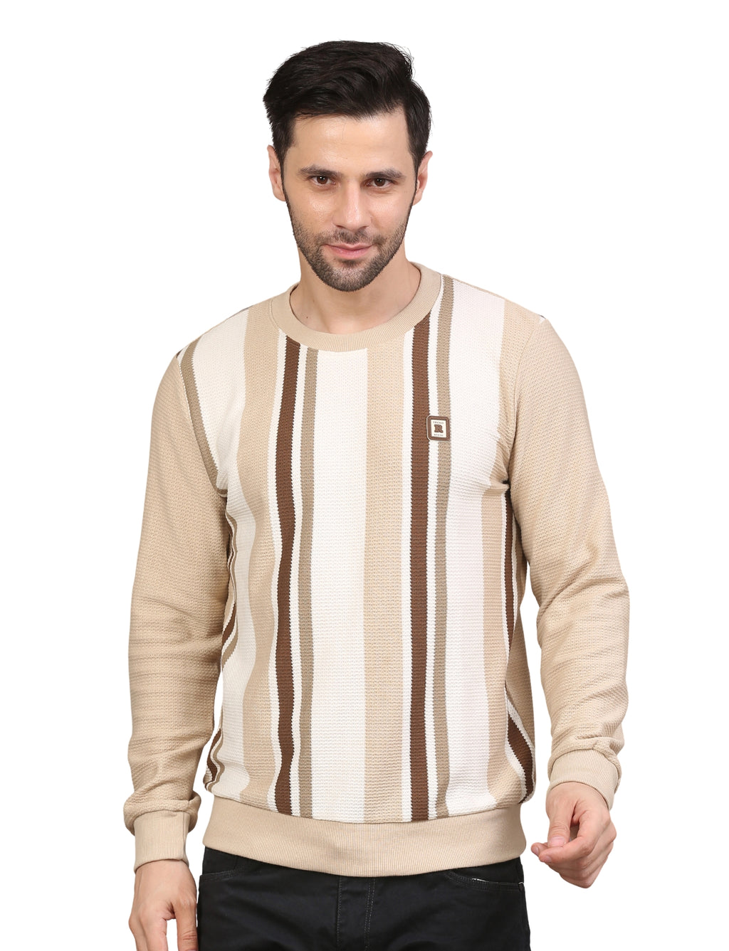 Men’s Sweatshirt Beige Striped Crew-Neck Pullover