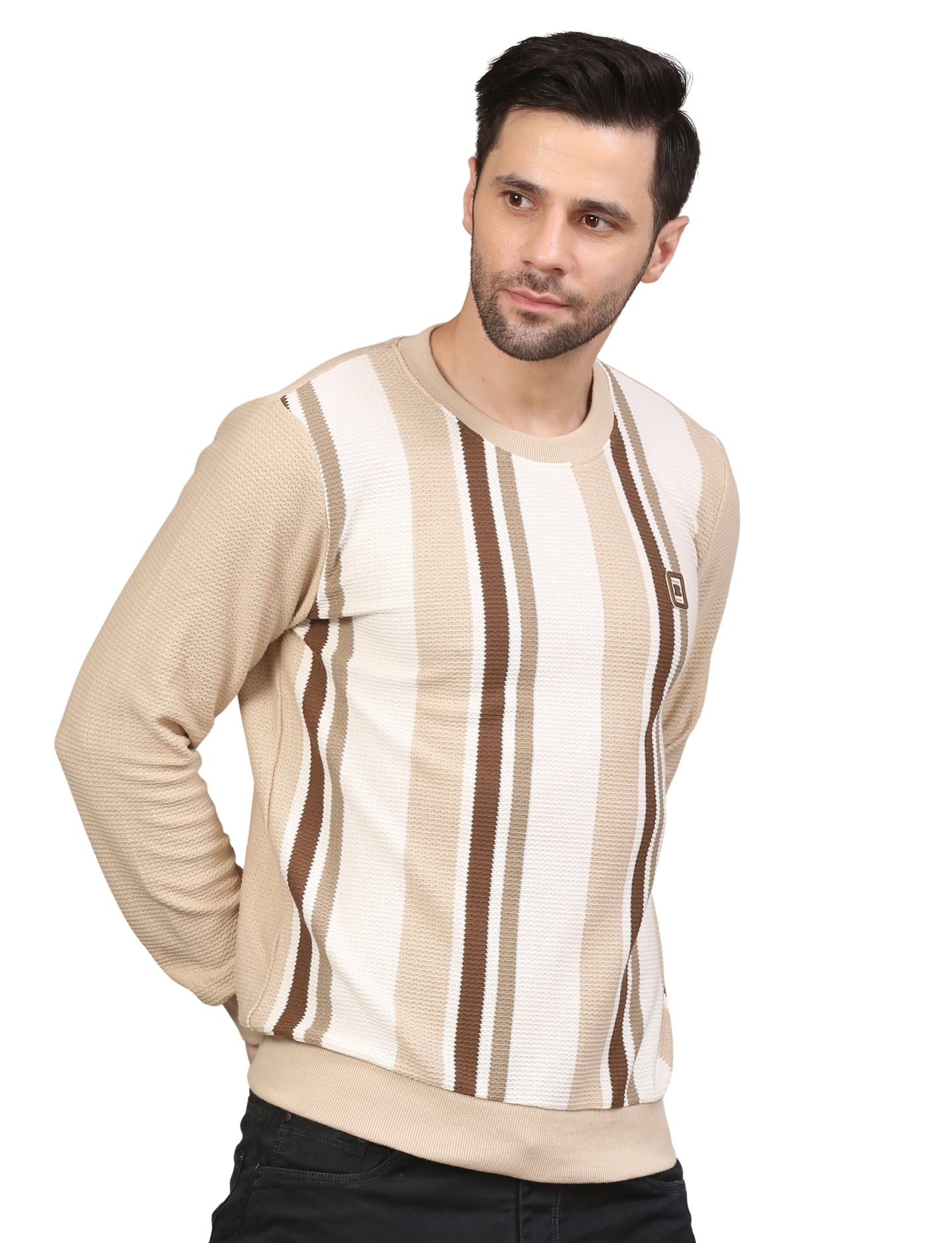 Men’s Sweatshirt Beige Striped Crew-Neck Pullover