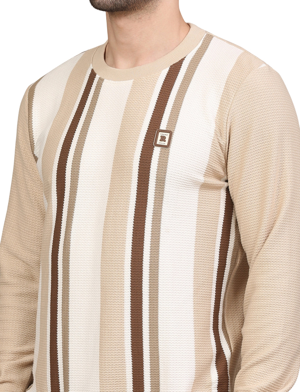 Men’s Sweatshirt Beige Striped Crew-Neck Pullover