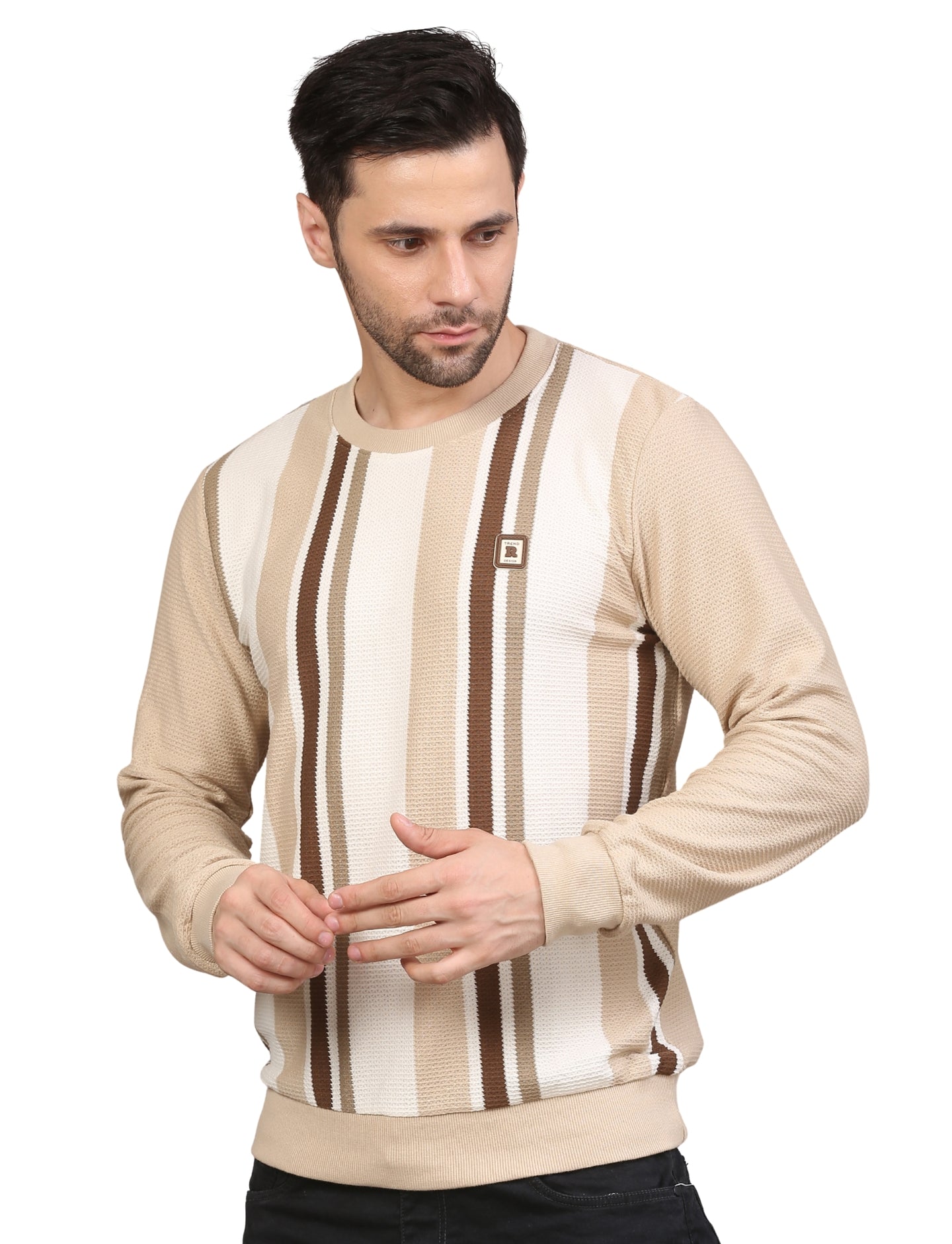 Men’s Sweatshirt Beige Striped Crew-Neck Pullover