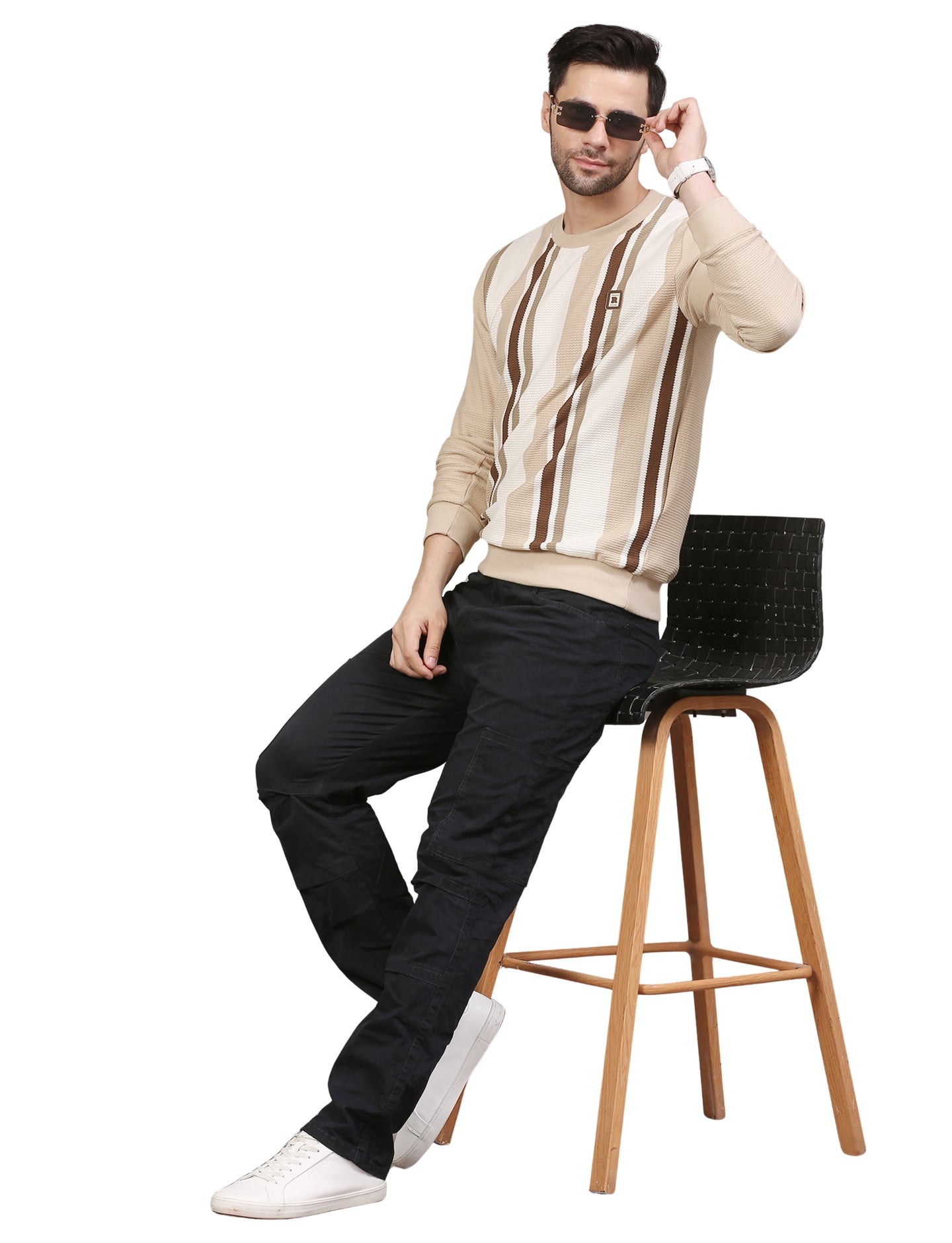 Men’s Sweatshirt Beige Striped Crew-Neck Pullover