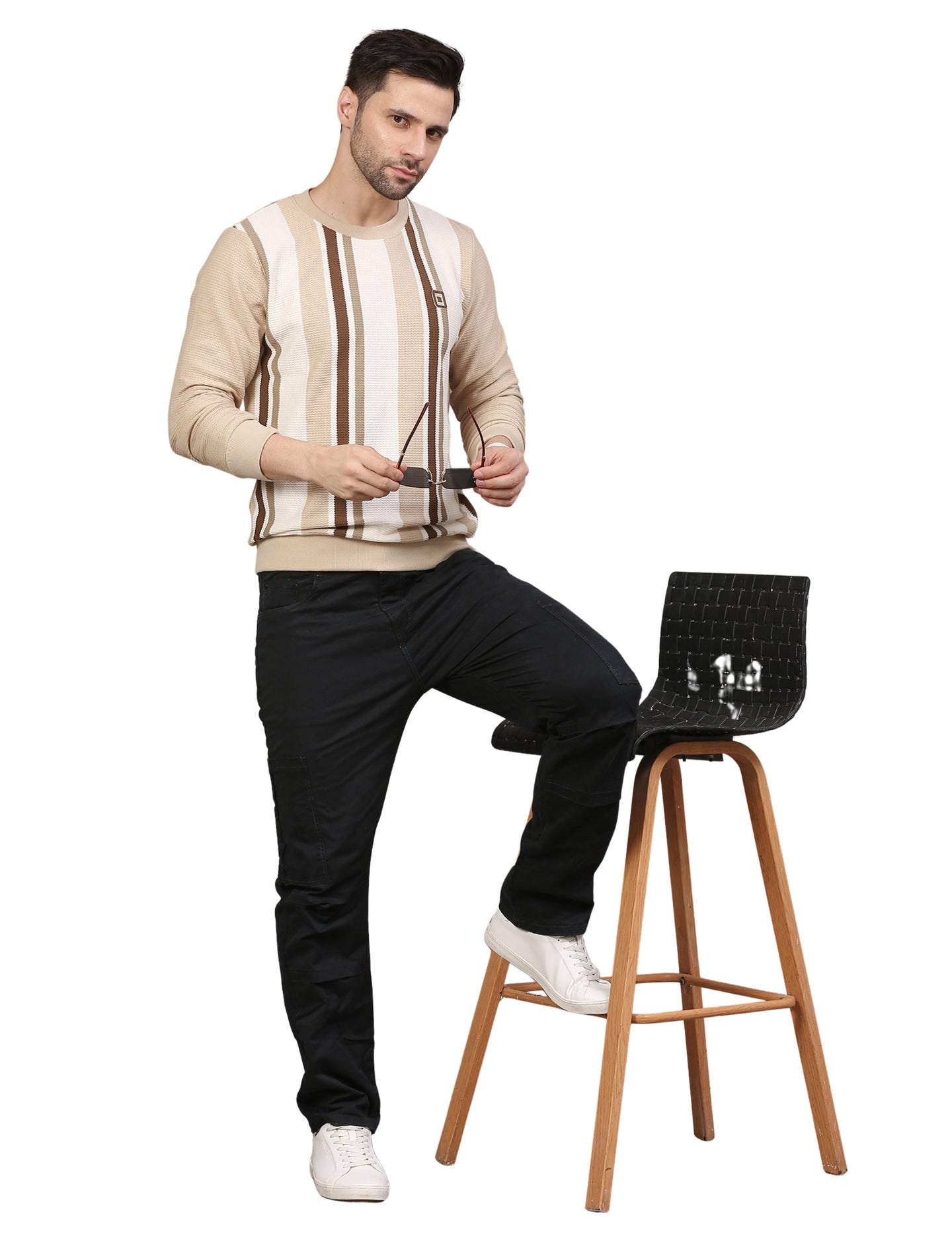 Men’s Sweatshirt Beige Striped Crew-Neck Pullover