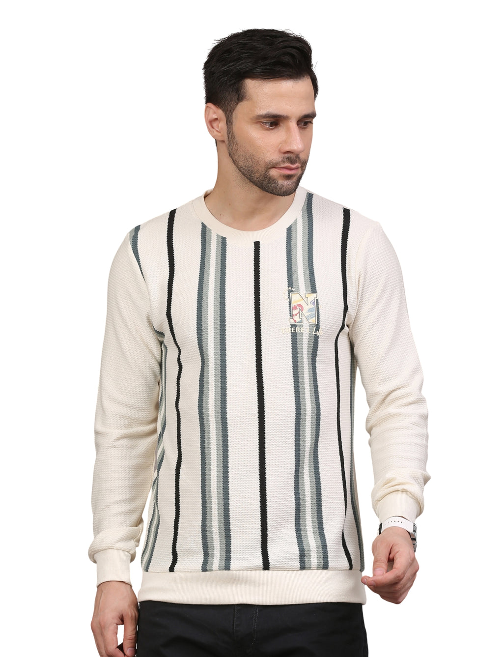 Men’s Sweatshirt Full Sleeve Crew Neck Stripe Line Drive Pullover Black