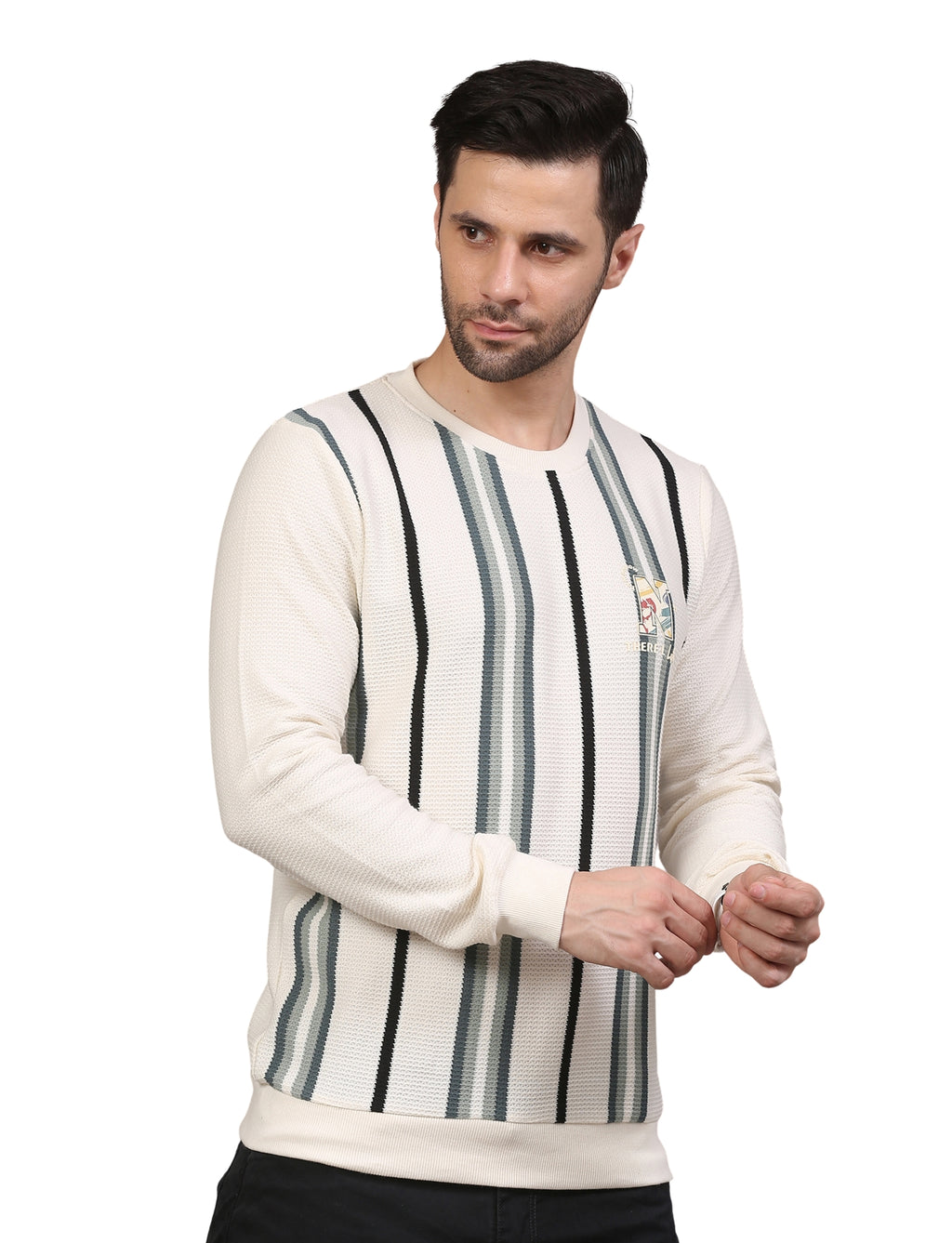 Men’s Sweatshirt Full Sleeve Crew Neck Stripe Line Drive Pullover Black