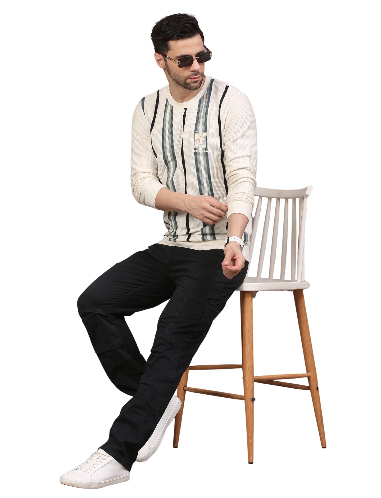 Men’s Sweatshirt Full Sleeve Crew Neck Stripe Line Drive Pullover Black