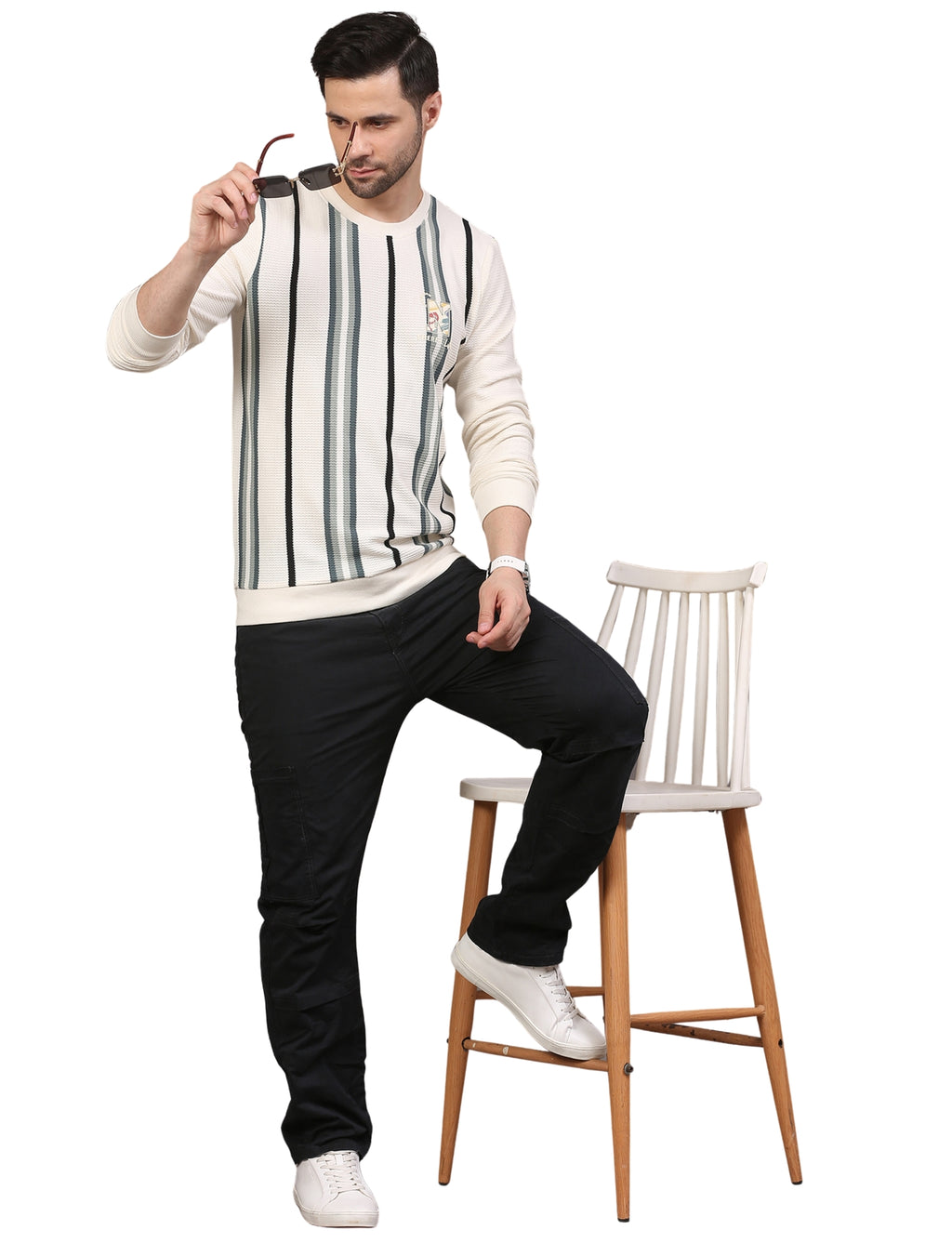 Men’s Sweatshirt Full Sleeve Crew Neck Stripe Line Drive Pullover Black