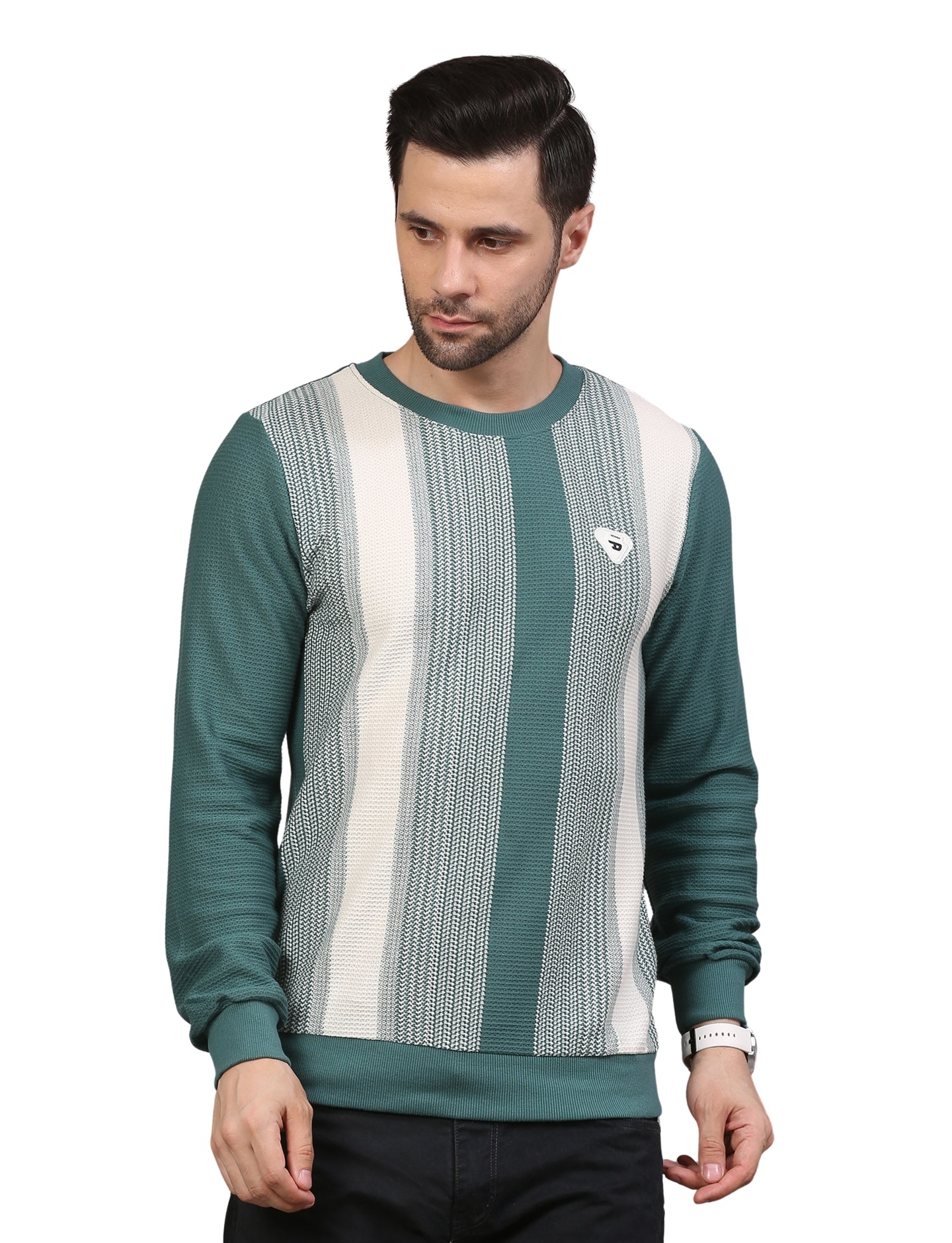 Men' Sweatshirt Urban Stripe Pullover Crew Neck Green Flash