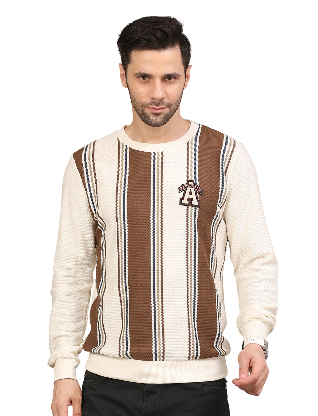 Men's Striped Crew-Neck Pullover Sweatshirt Full Sleeve Cream