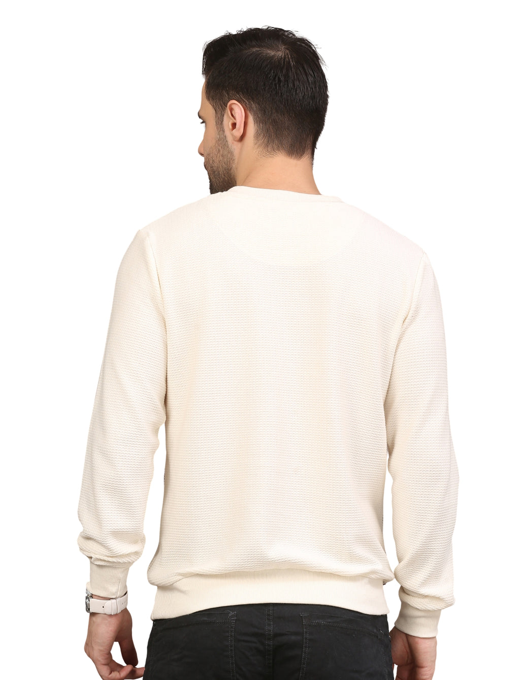 Men's Striped Crew-Neck Pullover Sweatshirt Full Sleeve Cream