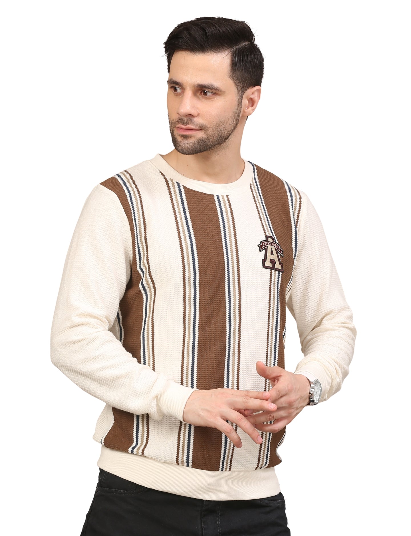 Men's Striped Crew-Neck Pullover Sweatshirt Full Sleeve Cream