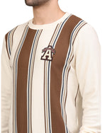 Men's Striped Crew-Neck Pullover Sweatshirt Full Sleeve Cream