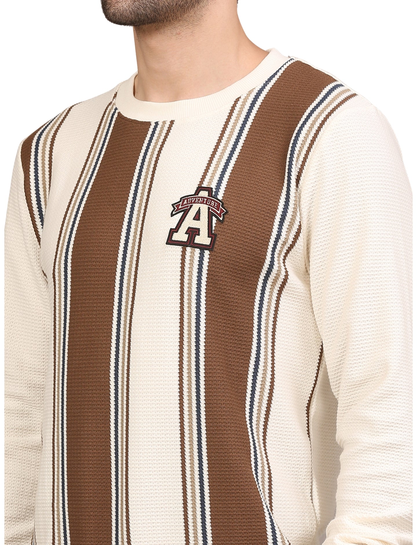 Men's Striped Crew-Neck Pullover Sweatshirt Full Sleeve Cream