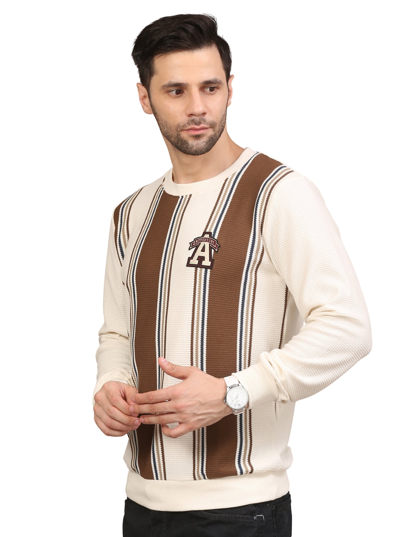 Men's Striped Crew-Neck Pullover Sweatshirt Full Sleeve Cream