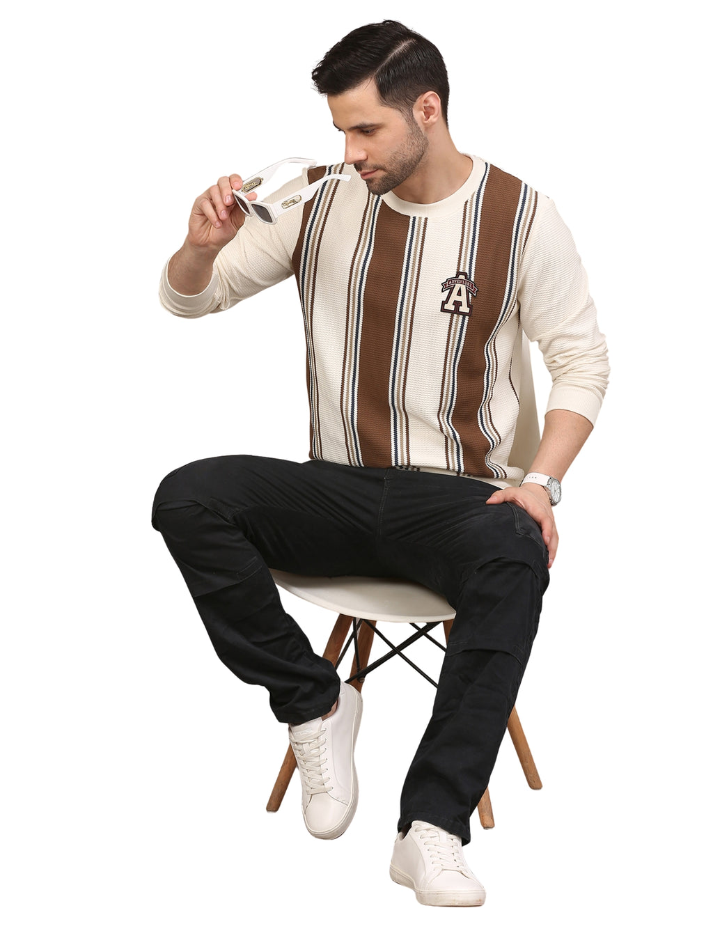Men's Striped Crew-Neck Pullover Sweatshirt Full Sleeve Cream