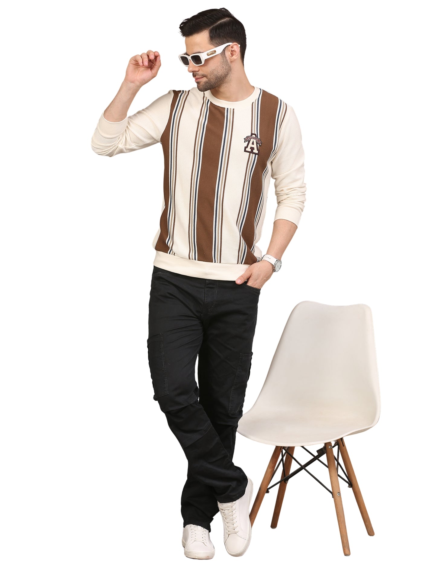 Men's Striped Crew-Neck Pullover Sweatshirt Full Sleeve Cream