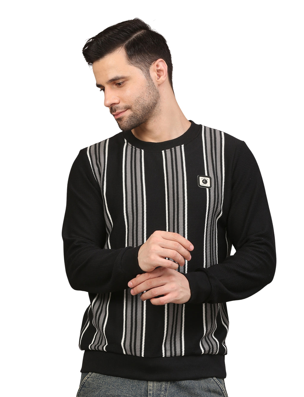 Men’s Striped Cotton Blend Fleece Sweatshirt Black