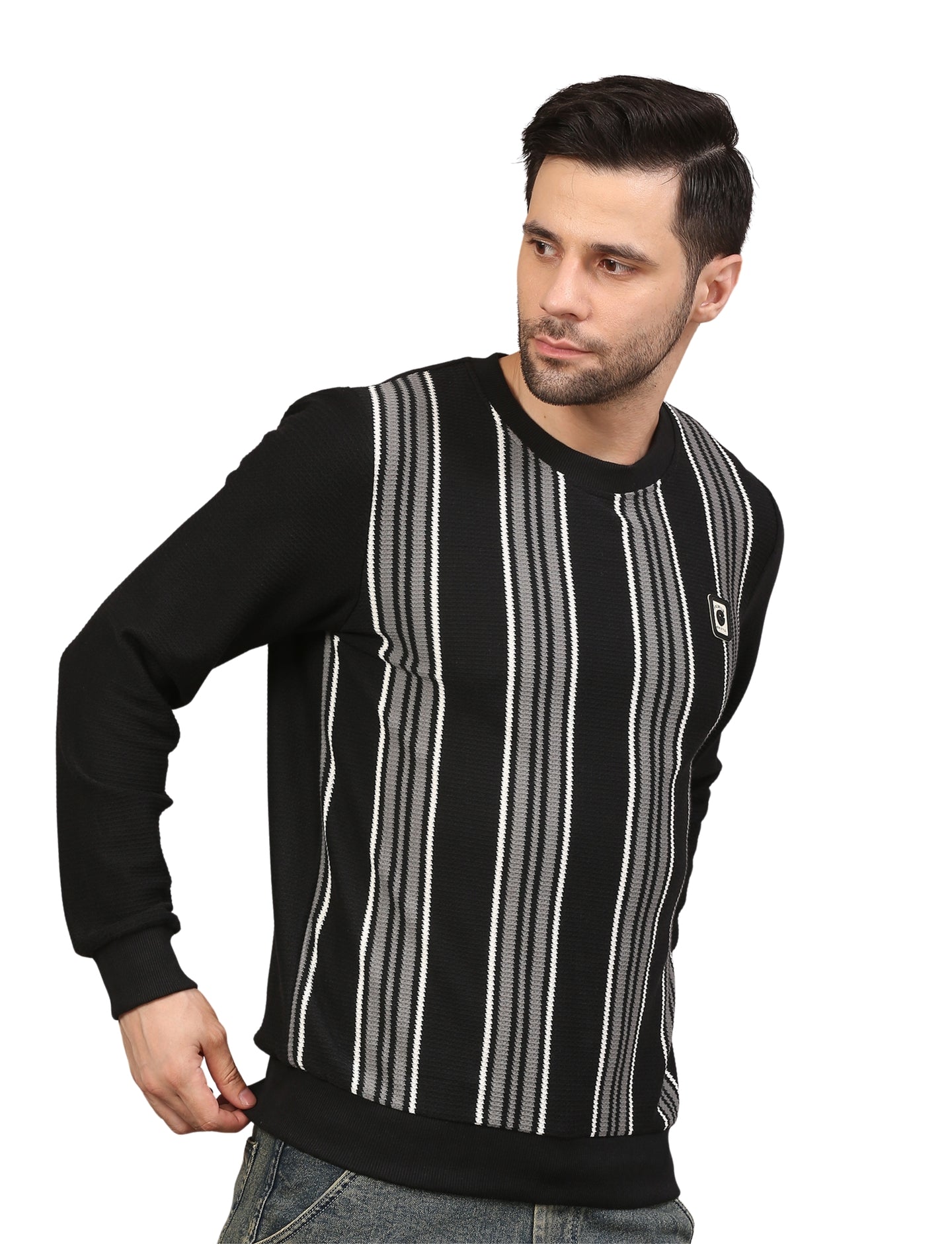 Men’s Striped Cotton Blend Fleece Sweatshirt Black
